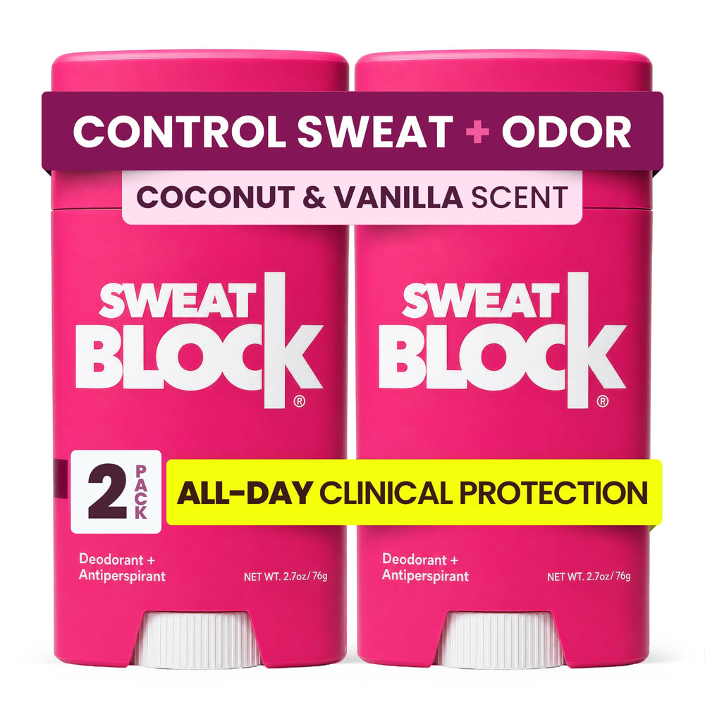 SweatBlock front packaging showing coconut vanilla scent and two-pack benefit