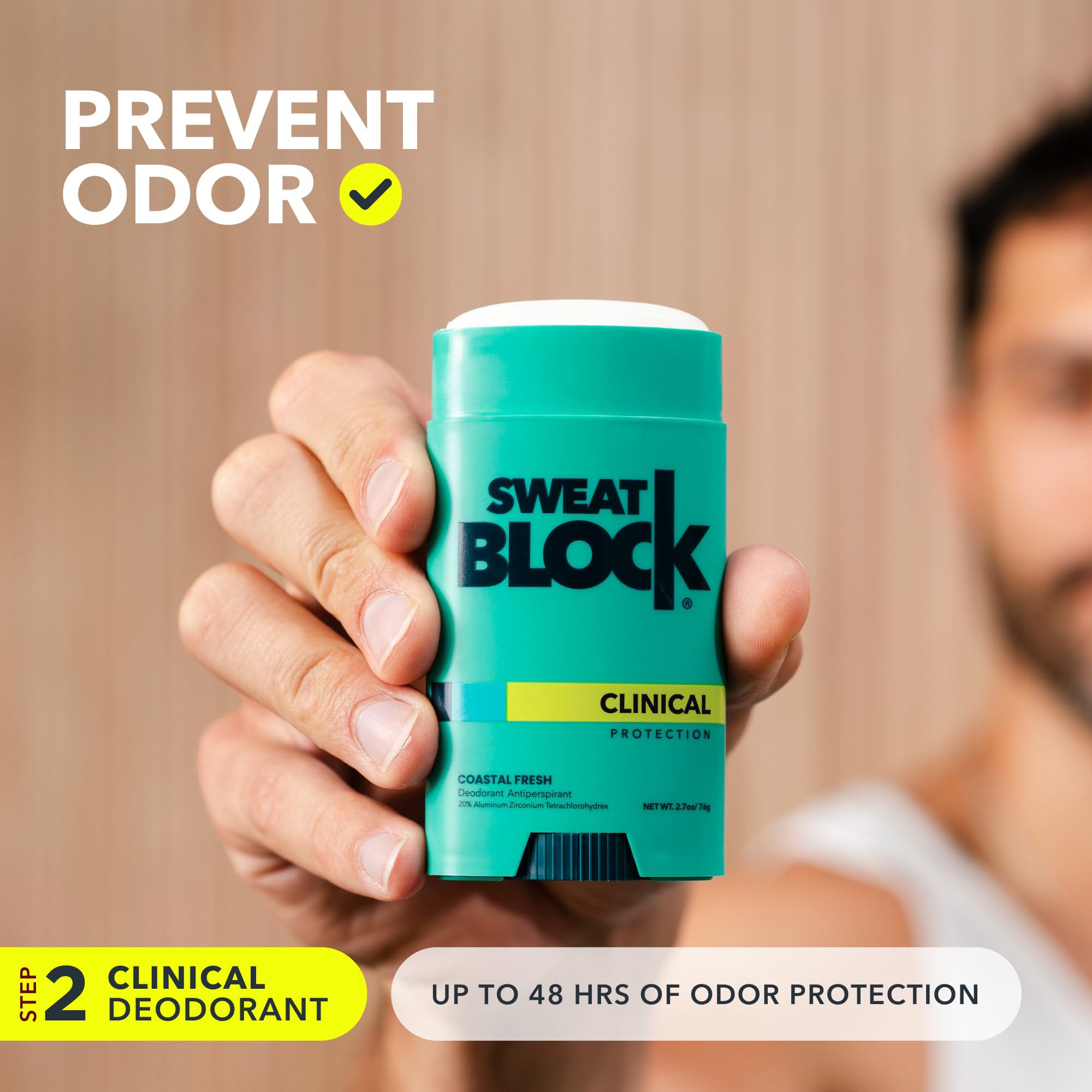 Label detail on SweatBlock deodorant showing clinical strength and ingredient clarity