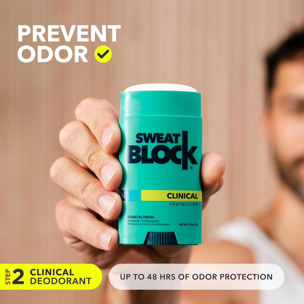 Label detail on SweatBlock deodorant showing clinical strength and ingredient clarity