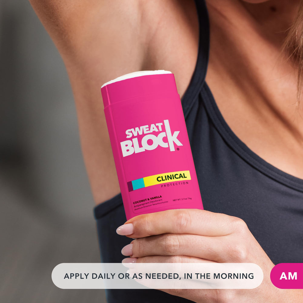 Deodorant stick texture close-up highlighting SweatBlock smooth, residue-free finish for comfort