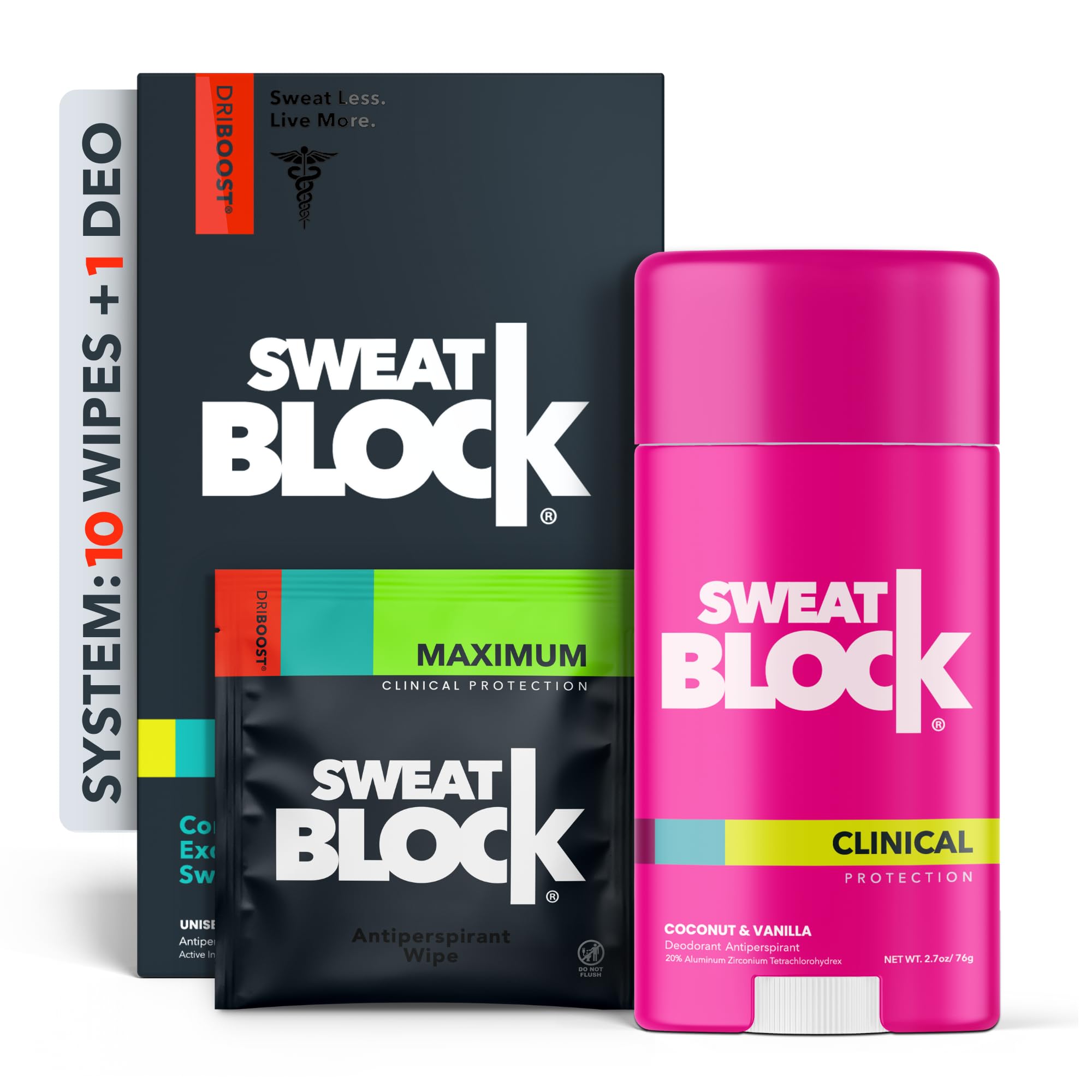 SweatBlock DRIBOOST front packaging showing both wipe pack and deodorant stick for complete protection
