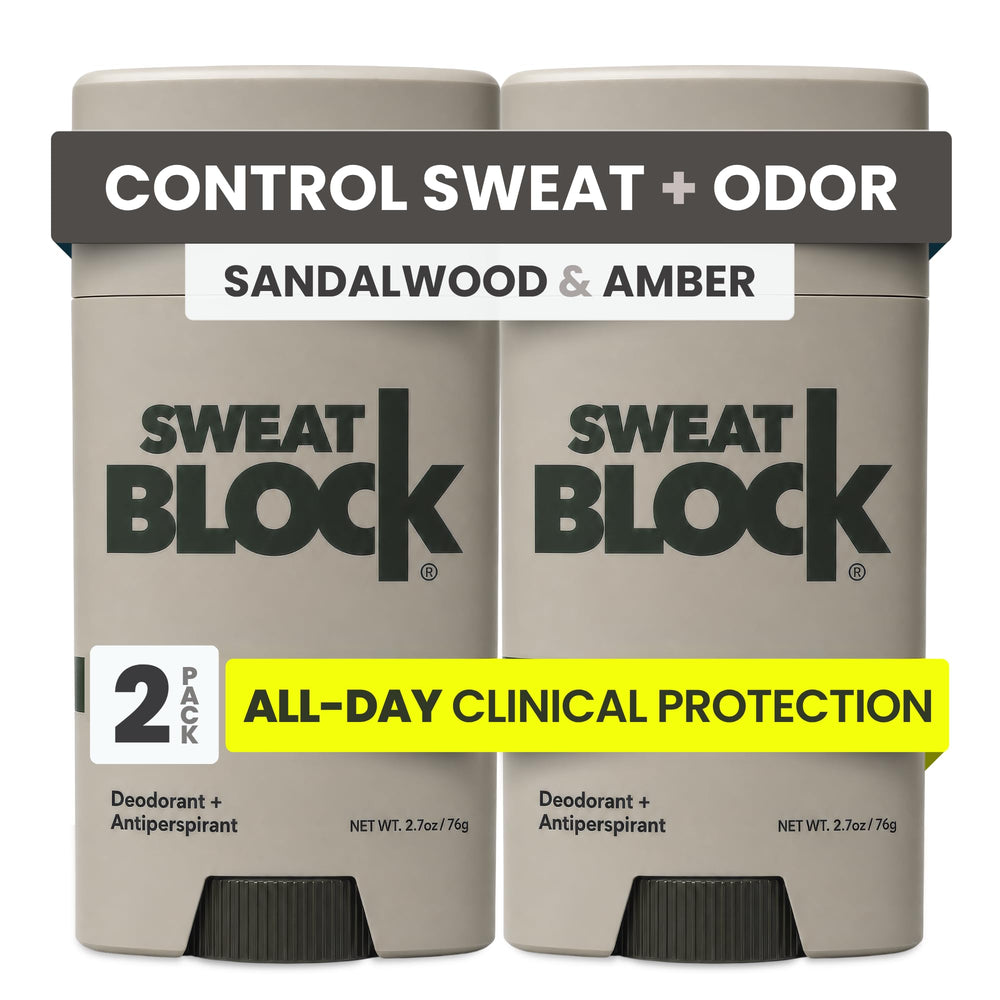SweatBlock front packaging shows the sandalwood two-pack and benefits