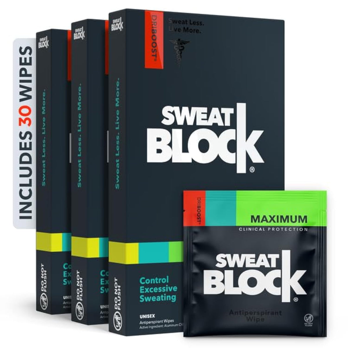 SweatBlock front packaging showing 30 wipes and clinical strength benefit