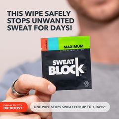 Close-up of an individual SweatBlock wipe highlighting convenient single-use benefit