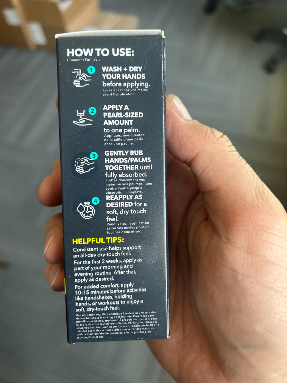 Clear label on SweatBlock listing clean ingredients and dermatologist-tested reassurance