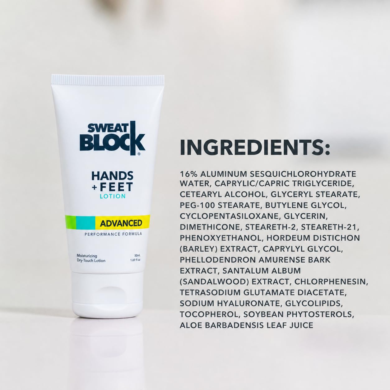 SweatBlock ingredient label close-up showing clean formula for skin-friendly use