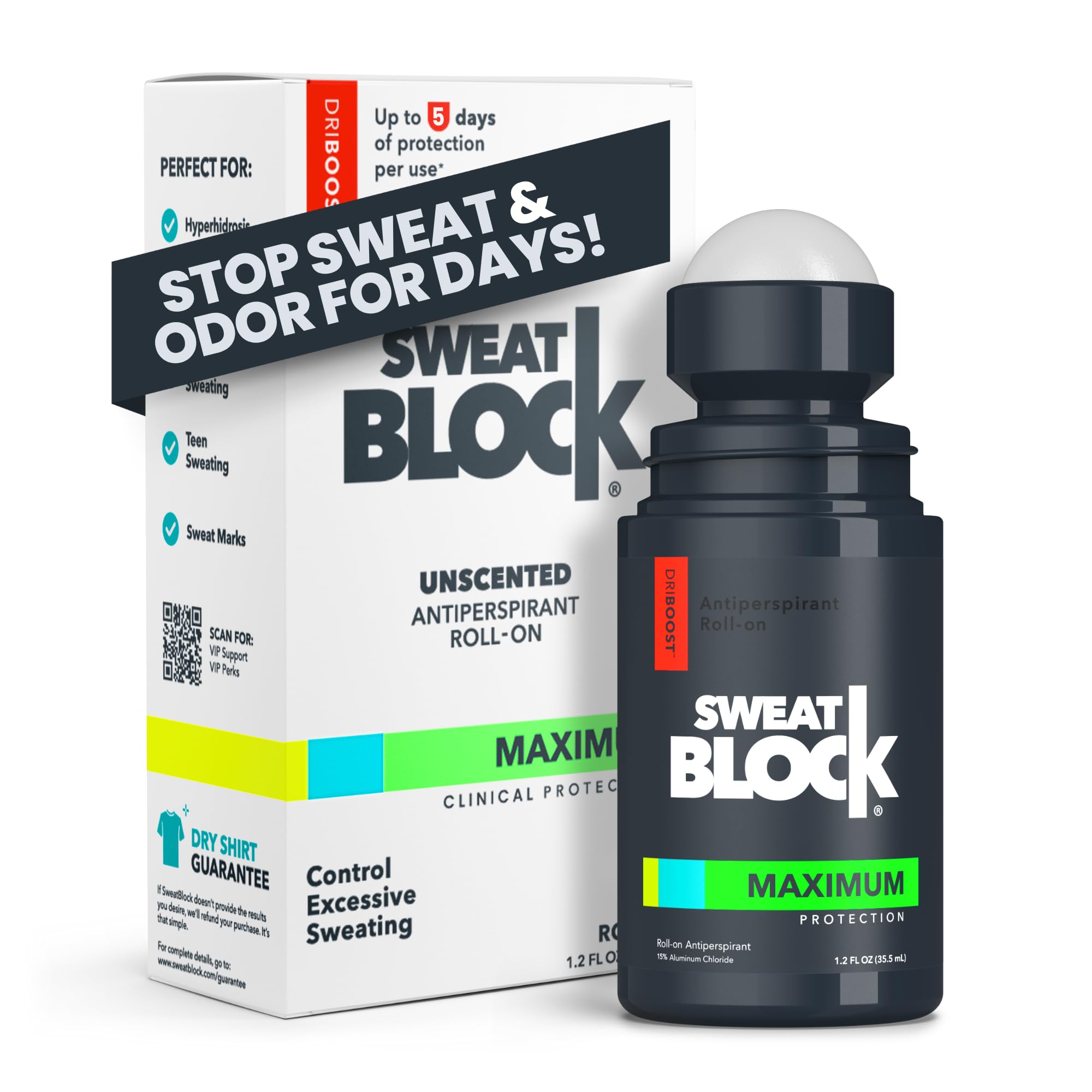 SweatBlock roll-on front packaging showing clinical strength benefit