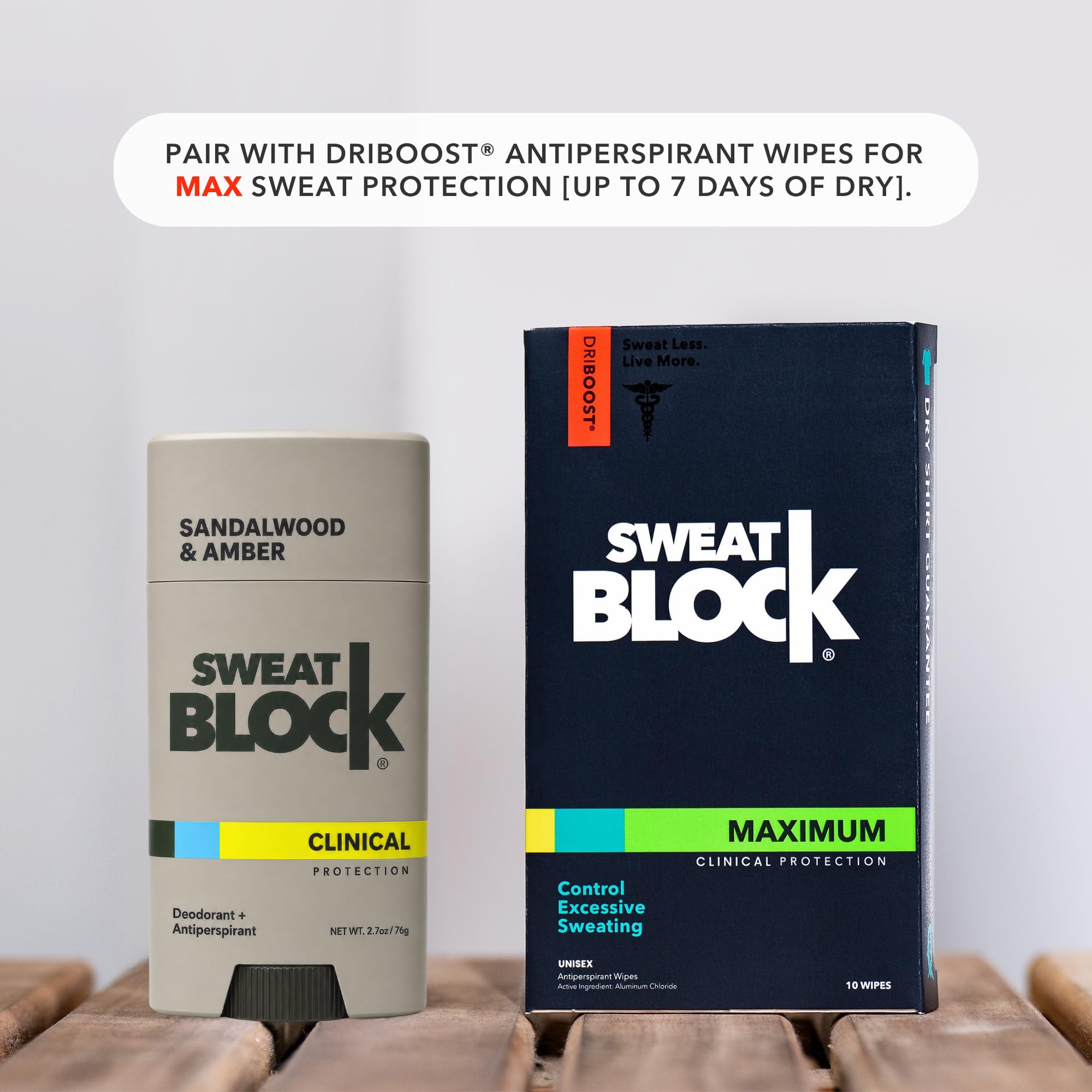 SweatBlock sandalwood fragrance display conveying warm, unisex scent
