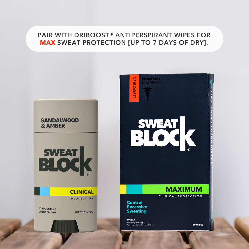 SweatBlock sandalwood fragrance display conveying warm, unisex scent