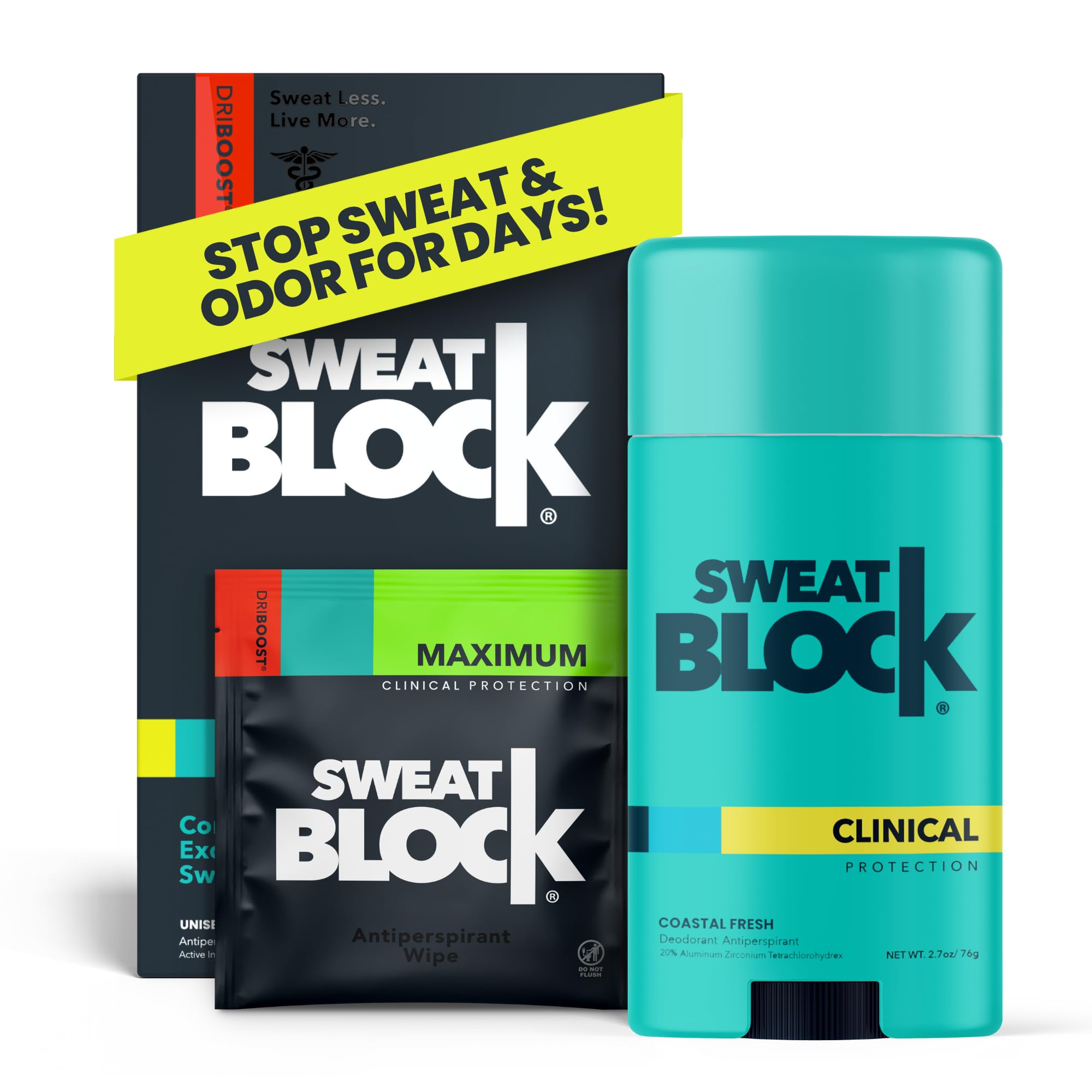 SweatBlock front packaging showing both wipe and deodorant for reliable sweat control
