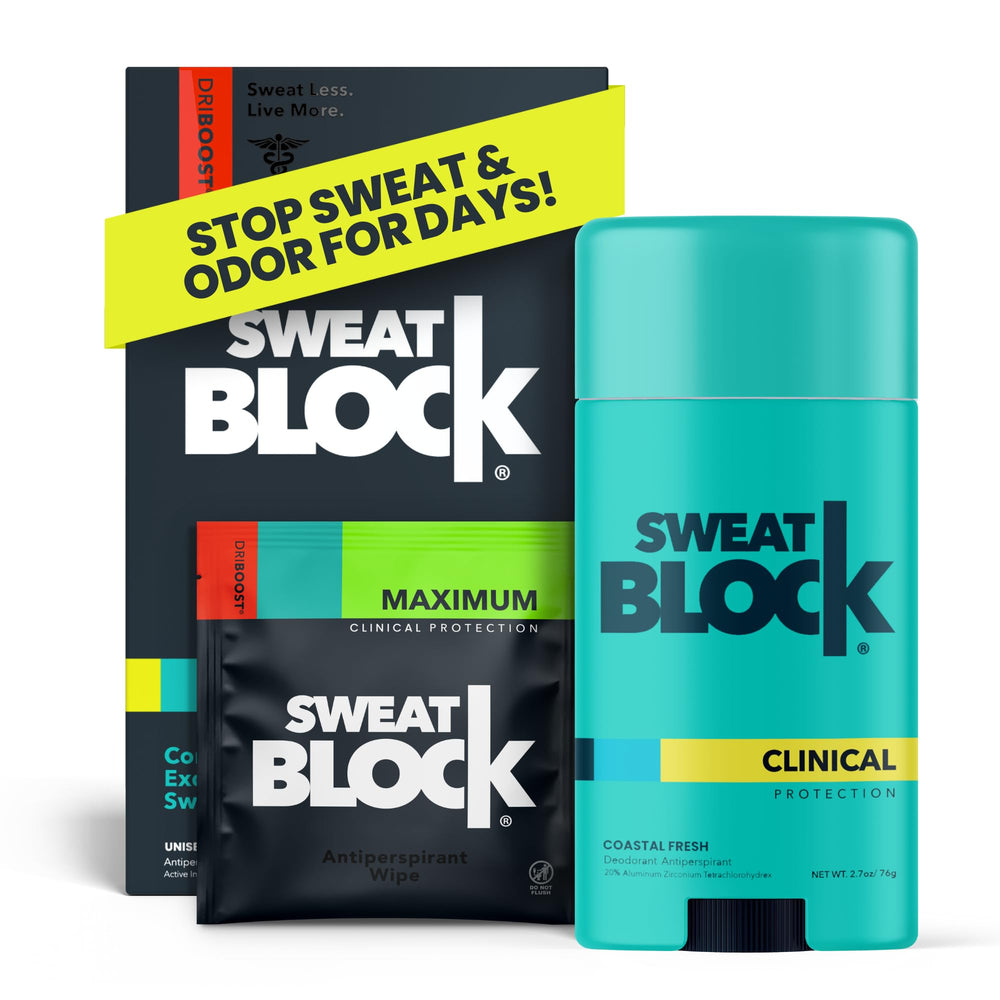 SweatBlock front packaging showing both wipe and deodorant for reliable sweat control