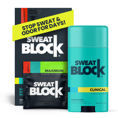 SweatBlock front packaging showing both wipe and deodorant for reliable sweat control