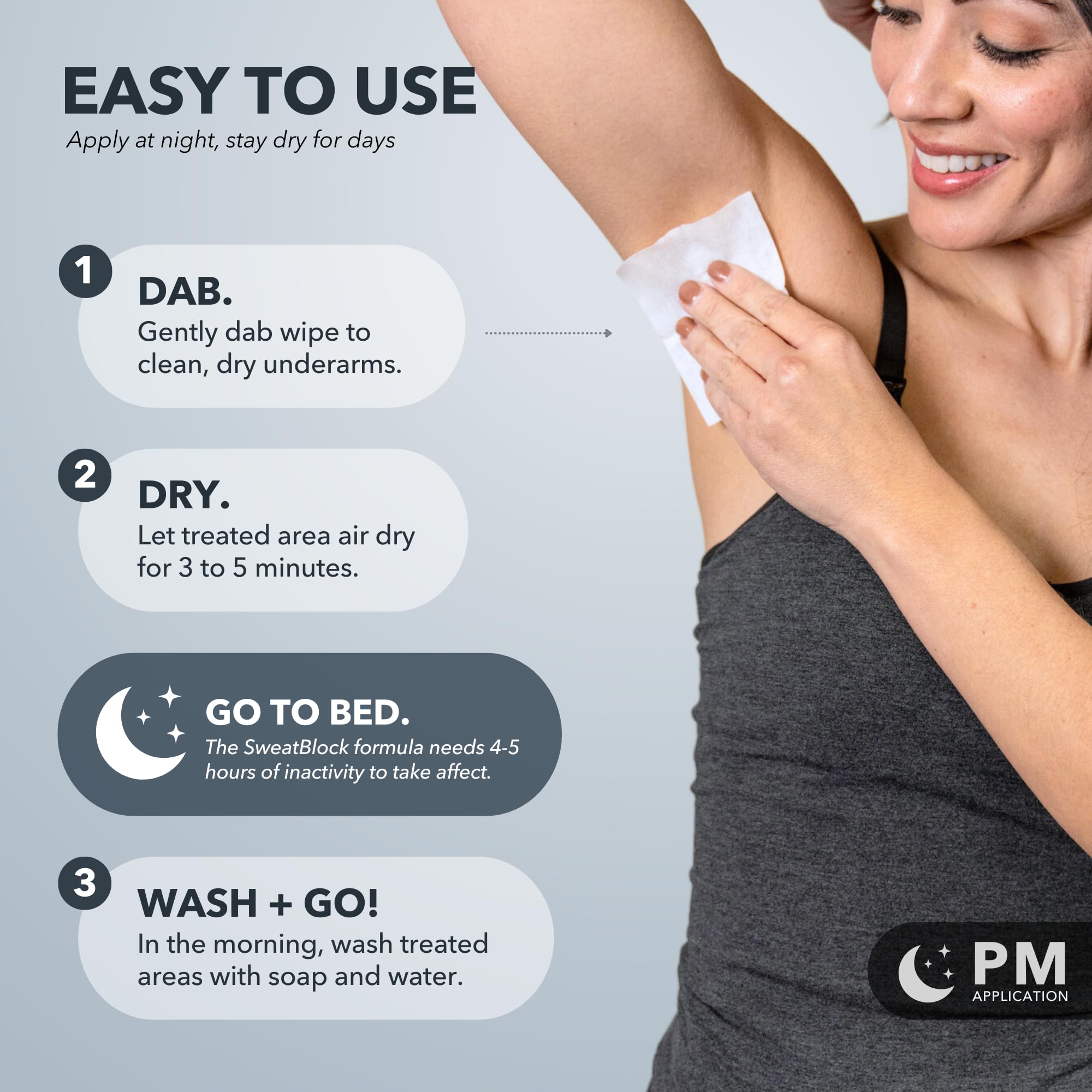 Applying SweatBlock wipe to underarm during evening routine for multi-day protection