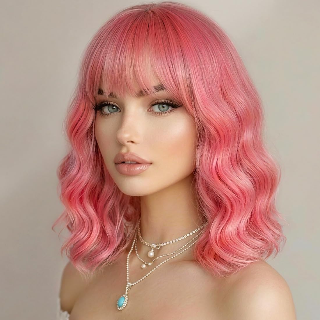 Sweetie front view of blush pink bob wig showing natural peachy color and flattering frame