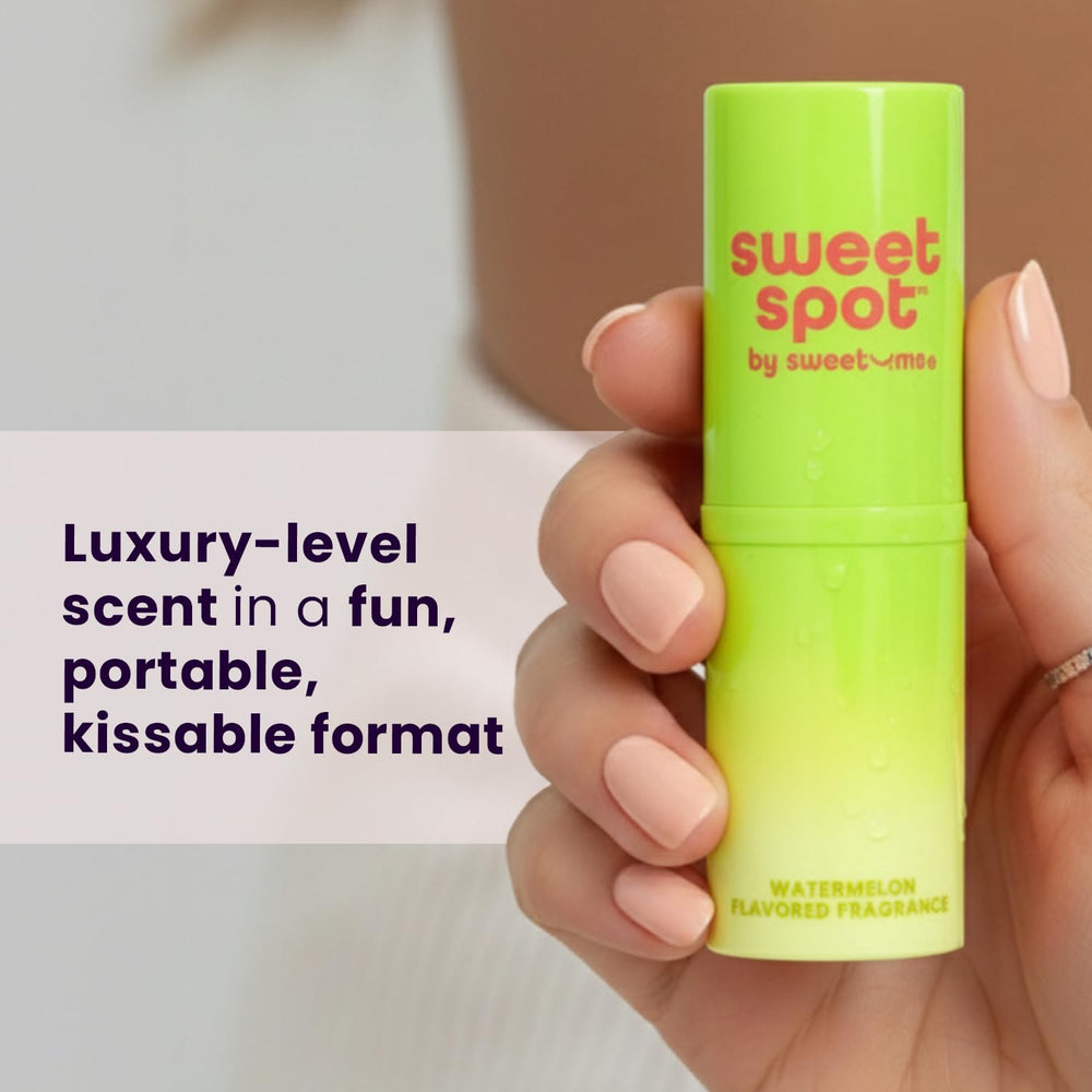 Sweetums applying watermelon stick to lips for a kissable flavored scent