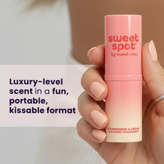 Sweetums applying to lips demonstrating mess-free flavorable perfume benefits