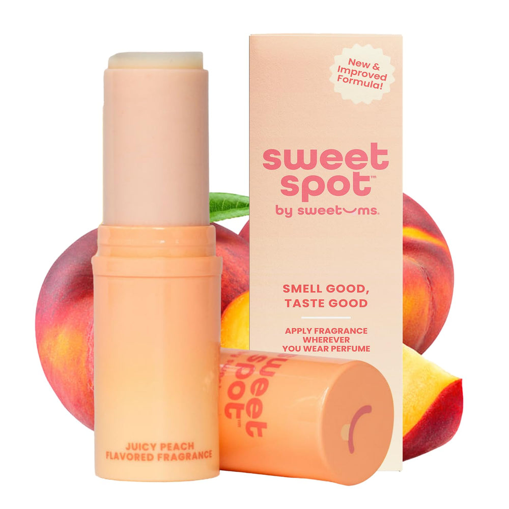 Sweetums front packaging showing compact peach perfume stick and convenience