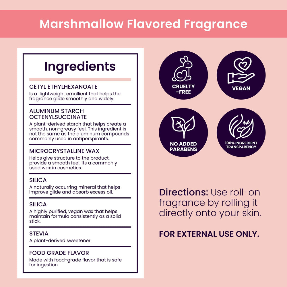 Sweetums ingredients label highlighting gentle emollients and skin-safe benefit