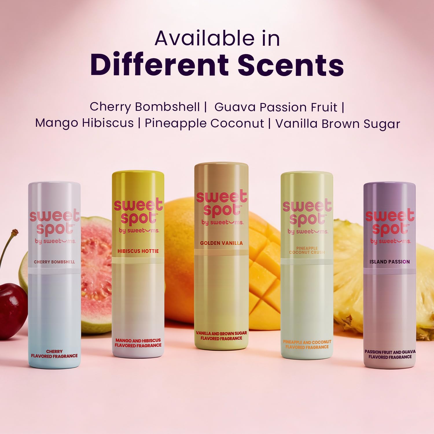 Pineapple and coconut visual beside Sweetums highlighting natural scent benefit