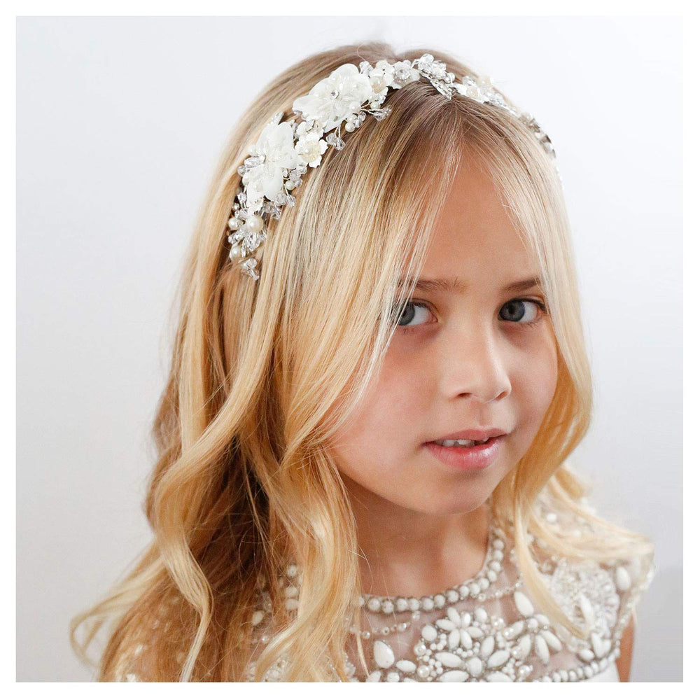 SWEETV front view of ivory tulle flower headpiece, shows elegant styling benefit