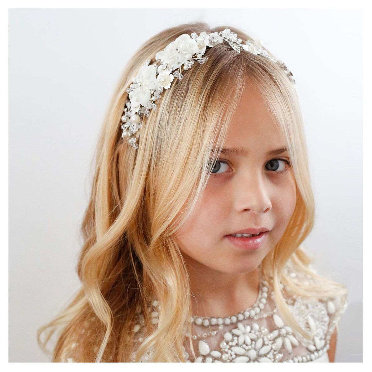 SWEETV front view of ivory tulle flower headpiece, shows elegant styling benefit