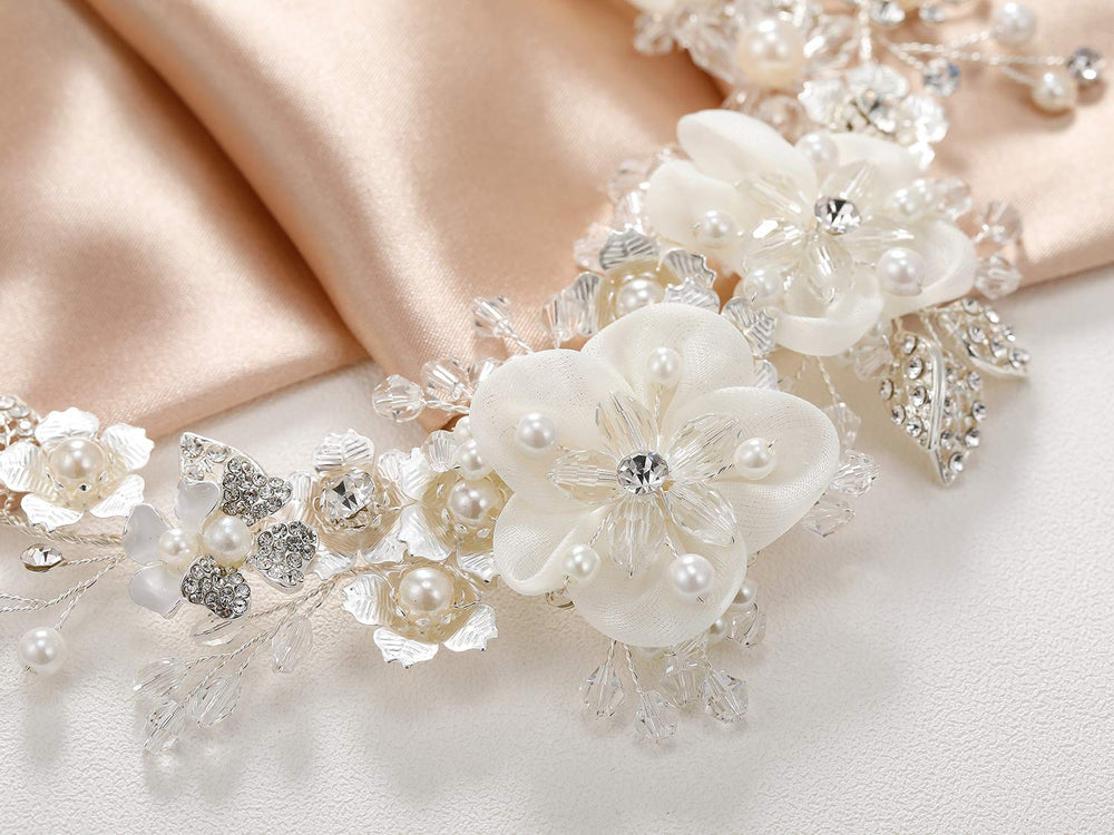 SWEETV headpiece in wedding portrait setting, suggests photogenic styling benefit