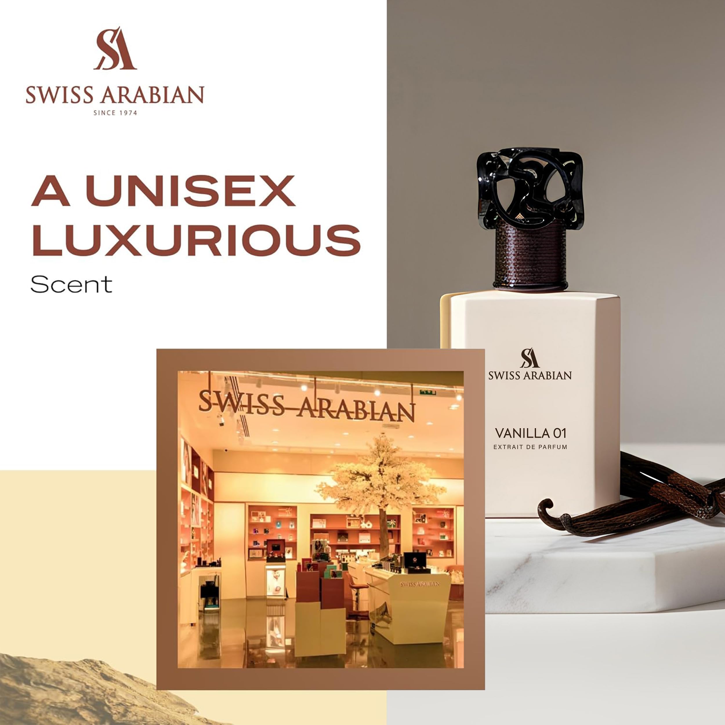 Swiss Arabian 50ml shown beside everyday items to indicate compact travel-friendly size