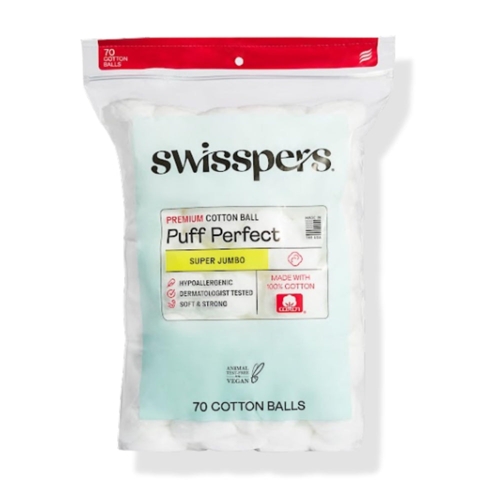 Swisspers handful of puffs demonstrating durable, lint-free handling