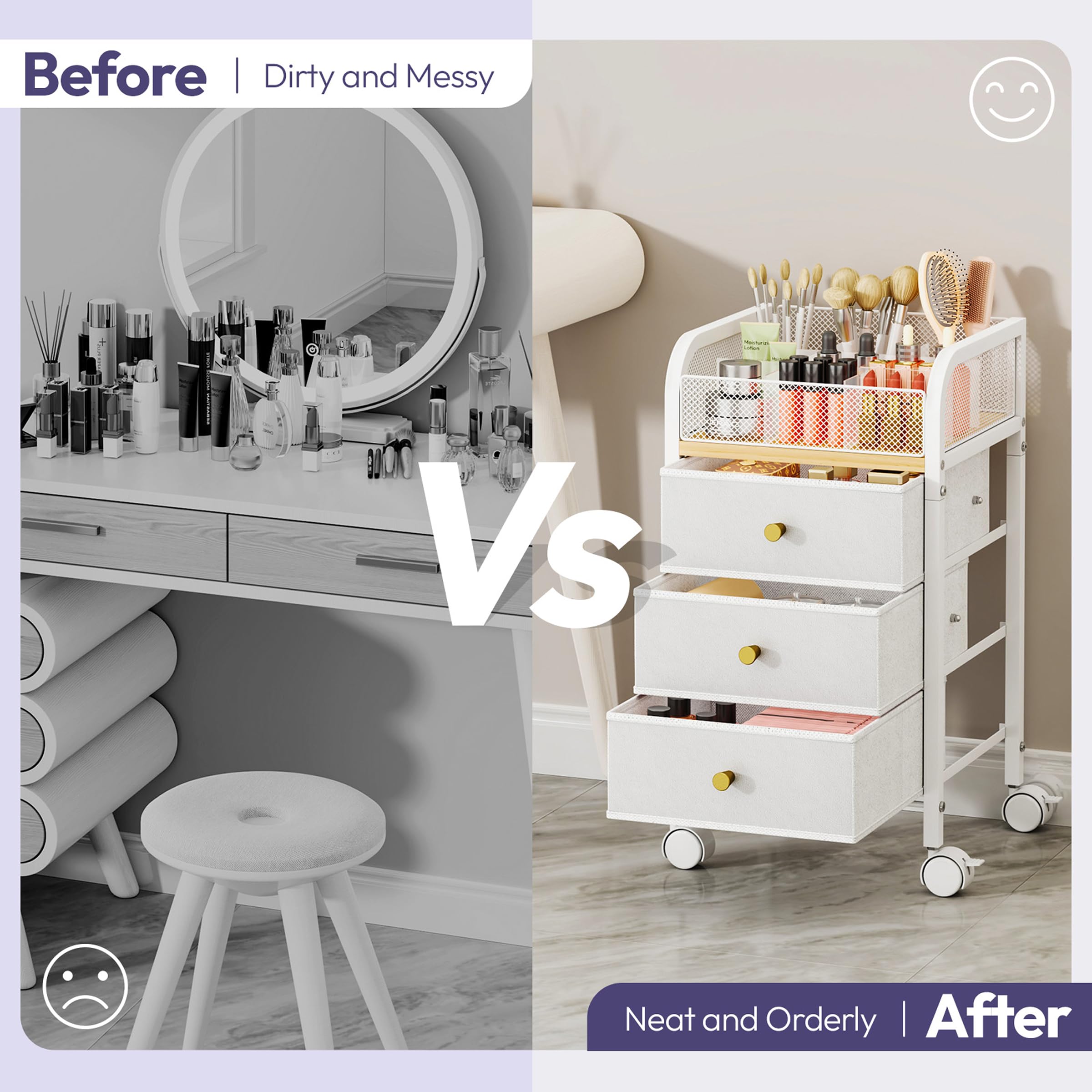 SWTYMIKI in bedroom vanity setup highlighting organized cosmetics and decor