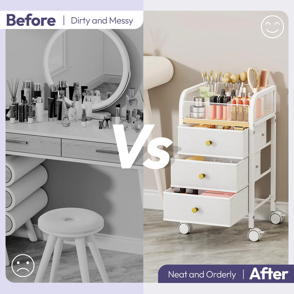 SWTYMIKI in bedroom vanity setup highlighting organized cosmetics and decor
