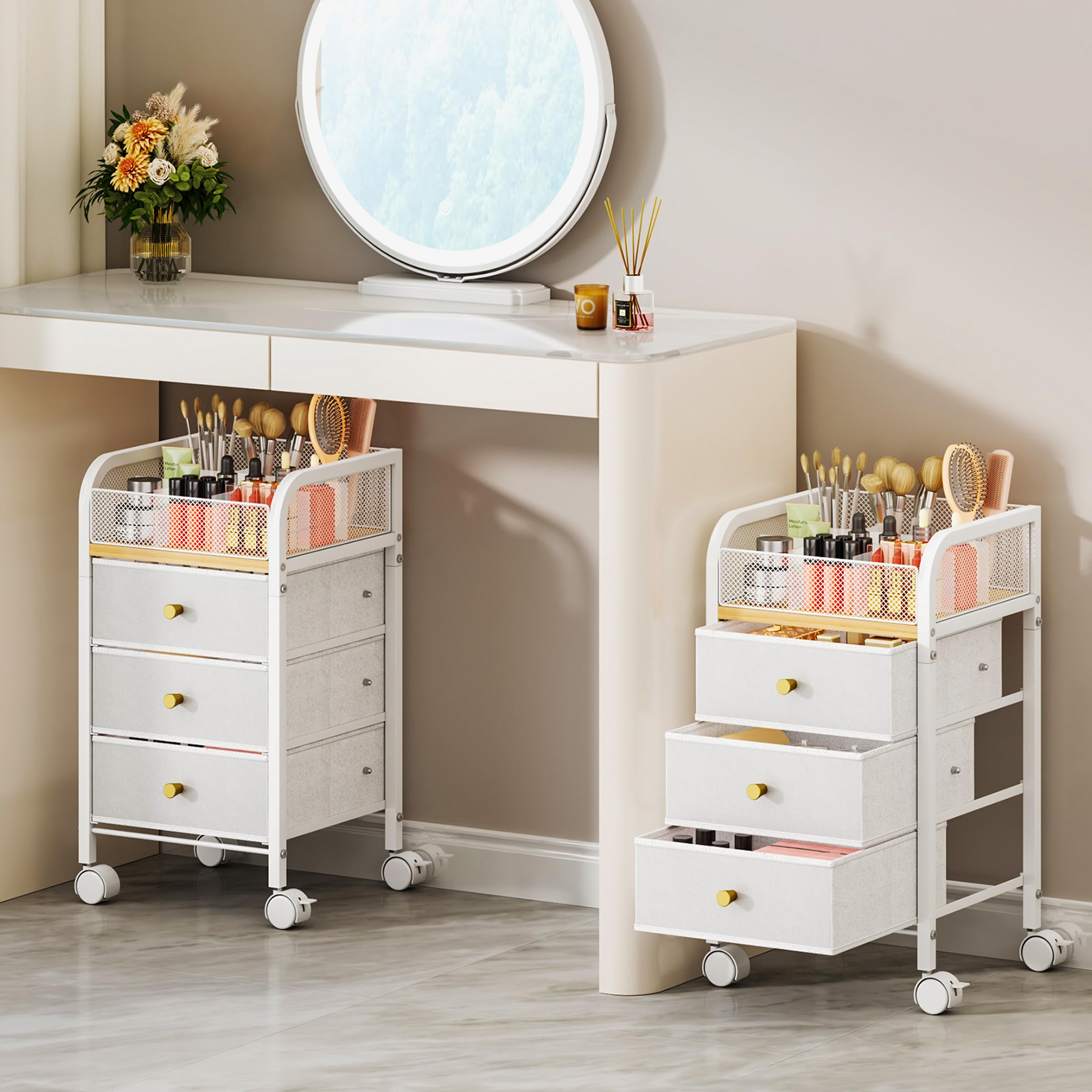 SWTYMIKI front view of cart showing compact vertical storage and chic finish