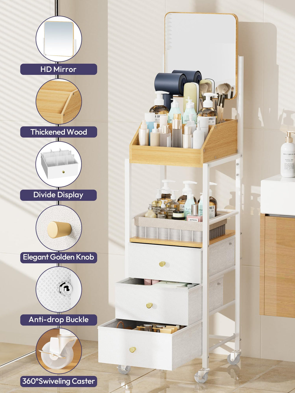 SWTYMIKI next to nightstand for scale showing space-saving footprint