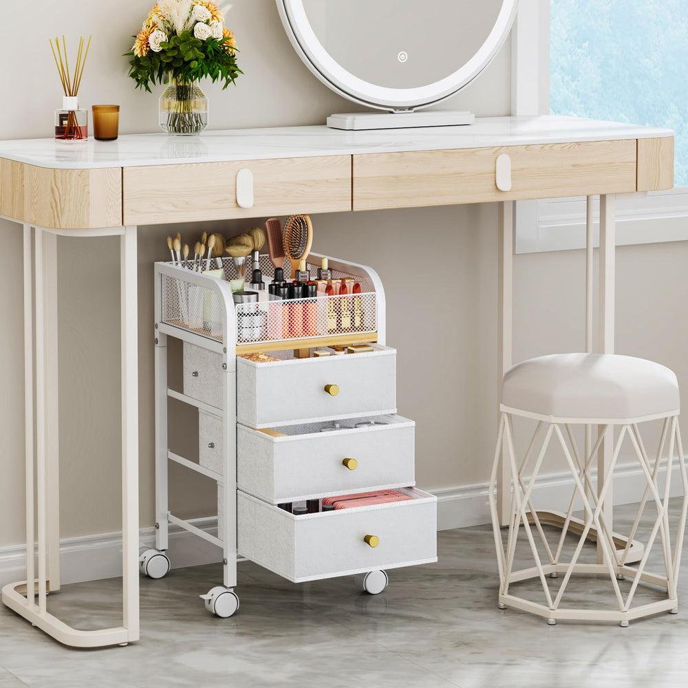 SWTYMIKI top compartment with organized brushes and bottles for quick access