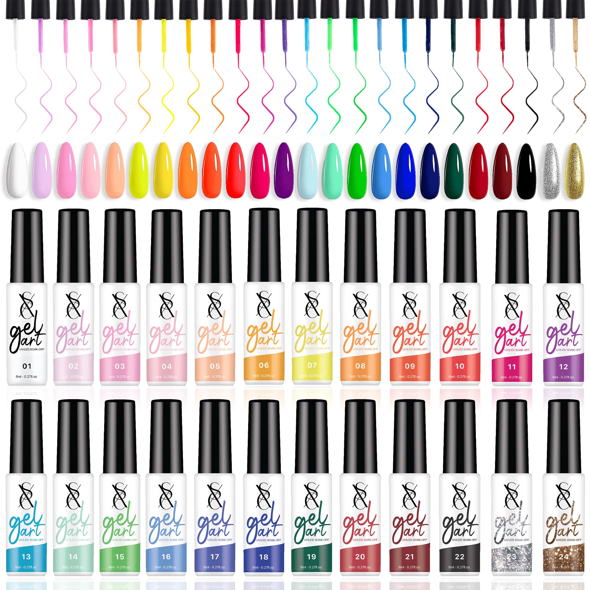 SXC front packaging showing 24 gel liner bottles and colors, ideal for variety