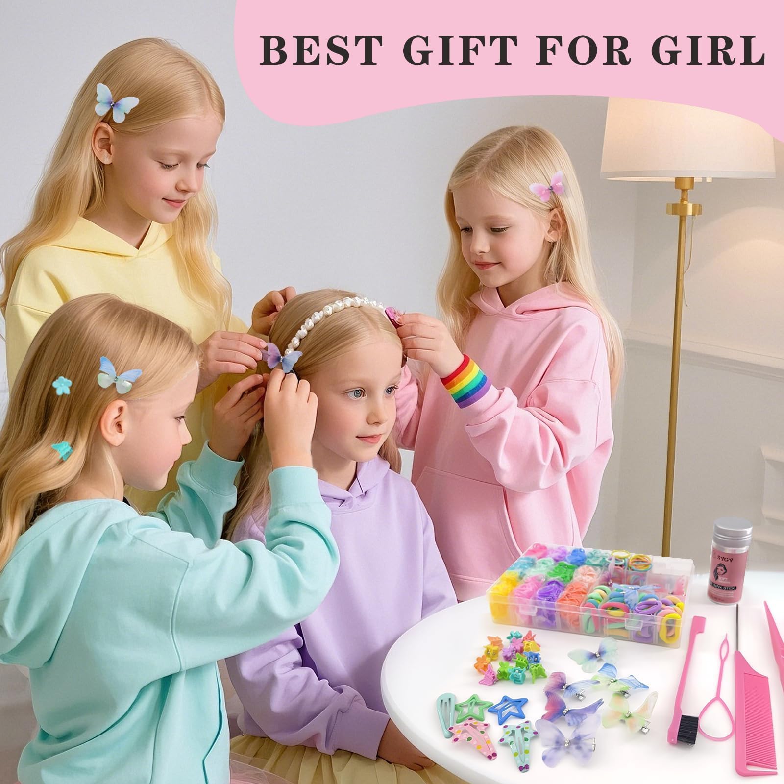 SYGY child wearing accessories in braid, playful finished hairstyle and vibrant look