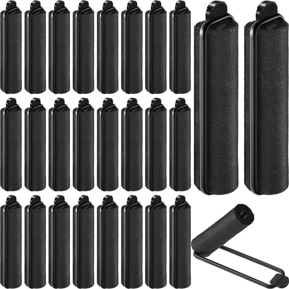 Syhood front view of 60 black satin foam rollers showing full kit benefit
