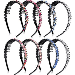 Syhood front view of eight multicolor comb headbands showing variety and convenience