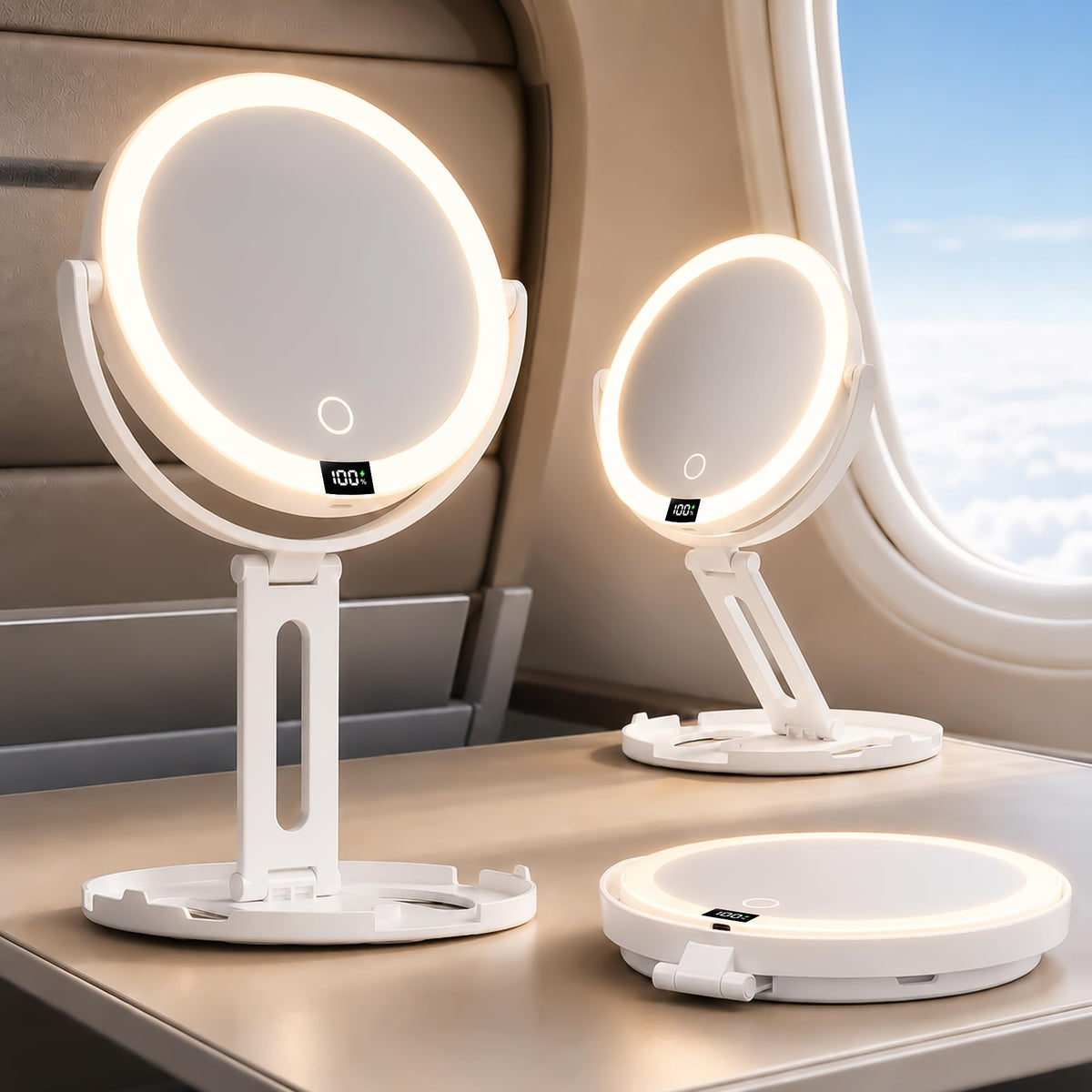 symirify front open vanity mirror showing full-face view and portability benefit