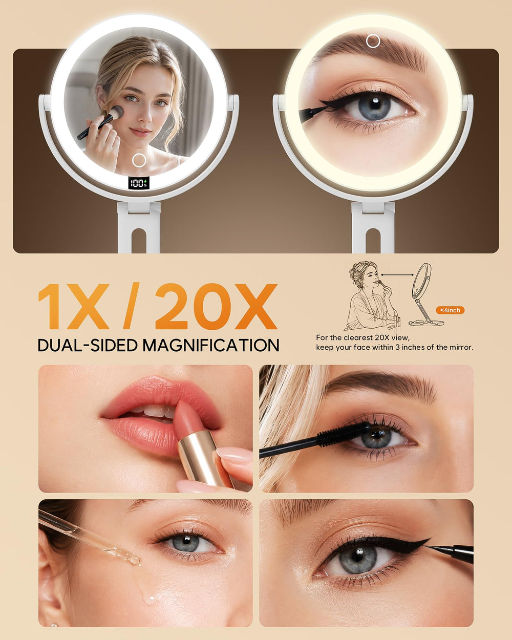 symirify lit mirror showing three color modes and adjustable lighting for true-tone makeup