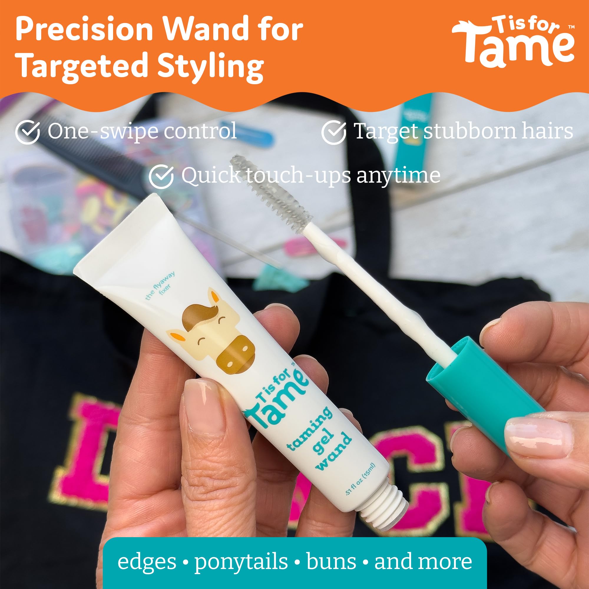 T is for Tame in use on child ponytail for neat, frizz-free styling