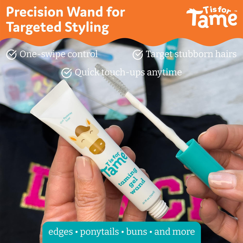 T is for Tame in use on child ponytail for neat, frizz-free styling