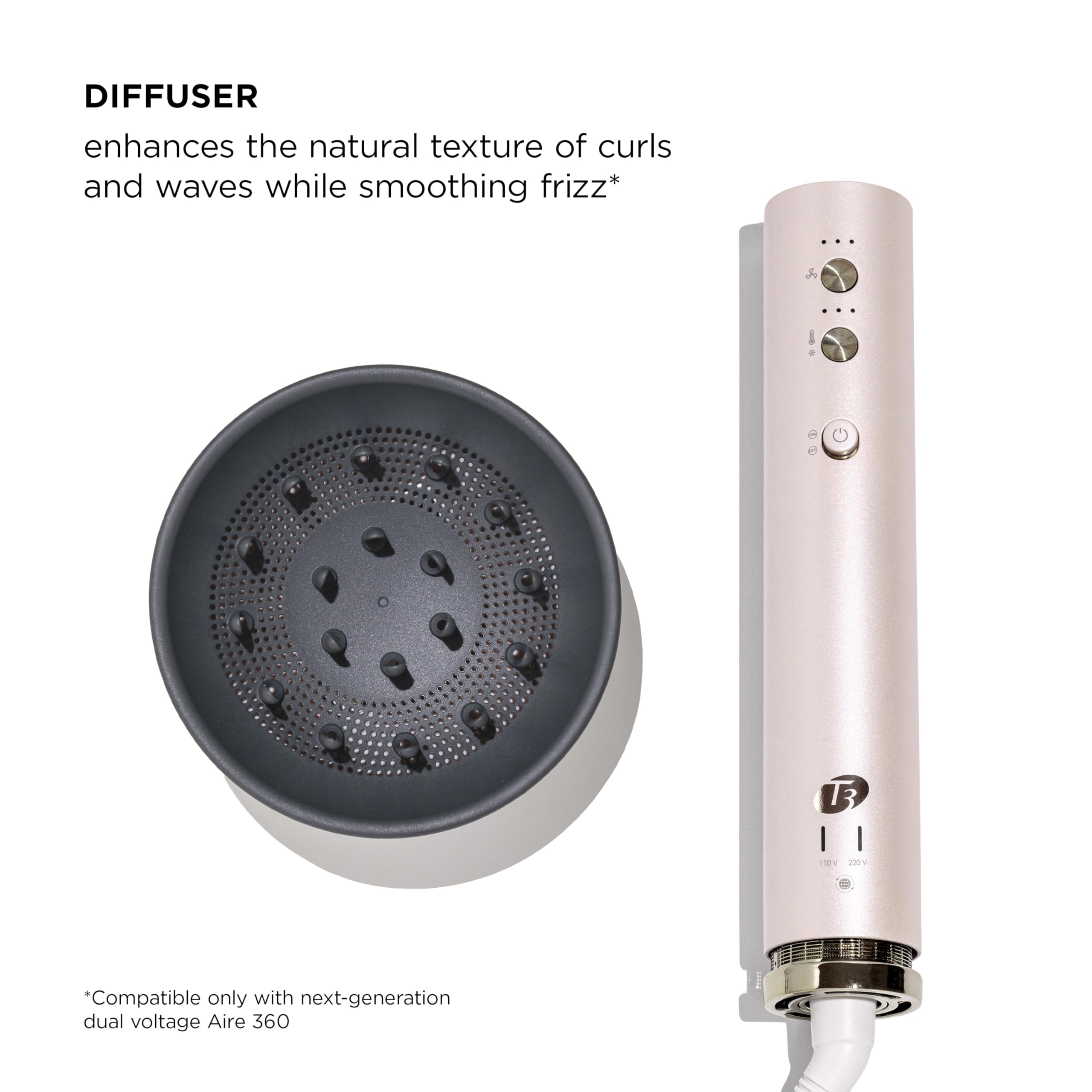 T3 Aire 360 diffuser in use on curls to boost volume and reduce frizz