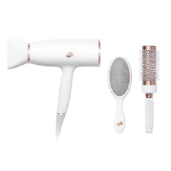 T3 AireLuxe front angle showing dryer and brush kit and fast drying benefit