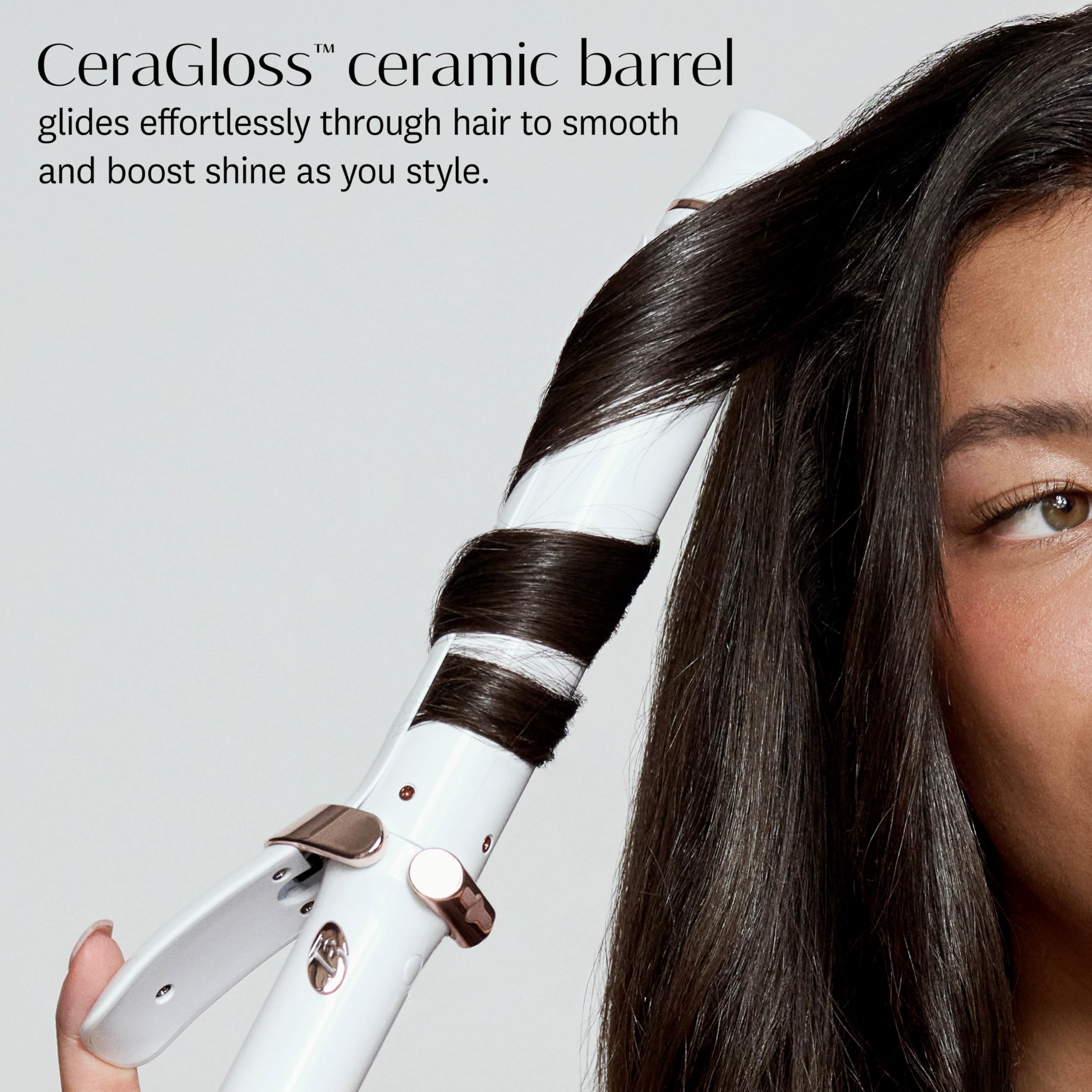T3 glossy curl result showing shiny defined waves that hold and reduce frizz