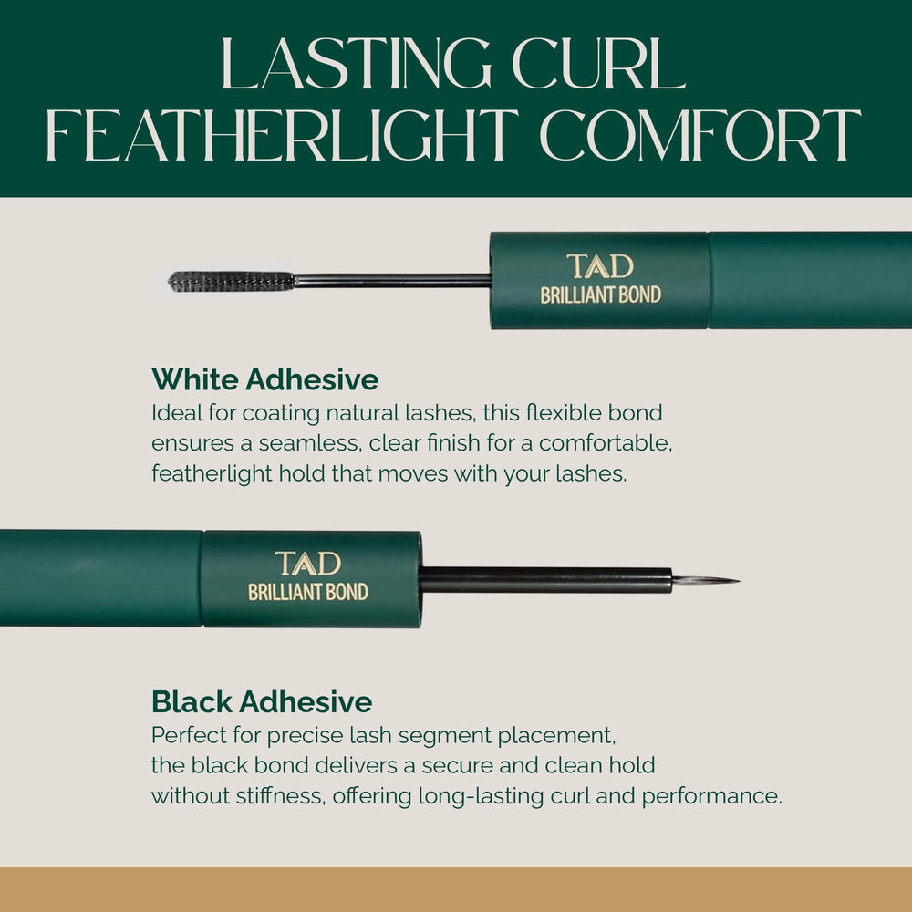 TAD Beauty drop of black adhesive showing fast-setting base blending benefit
