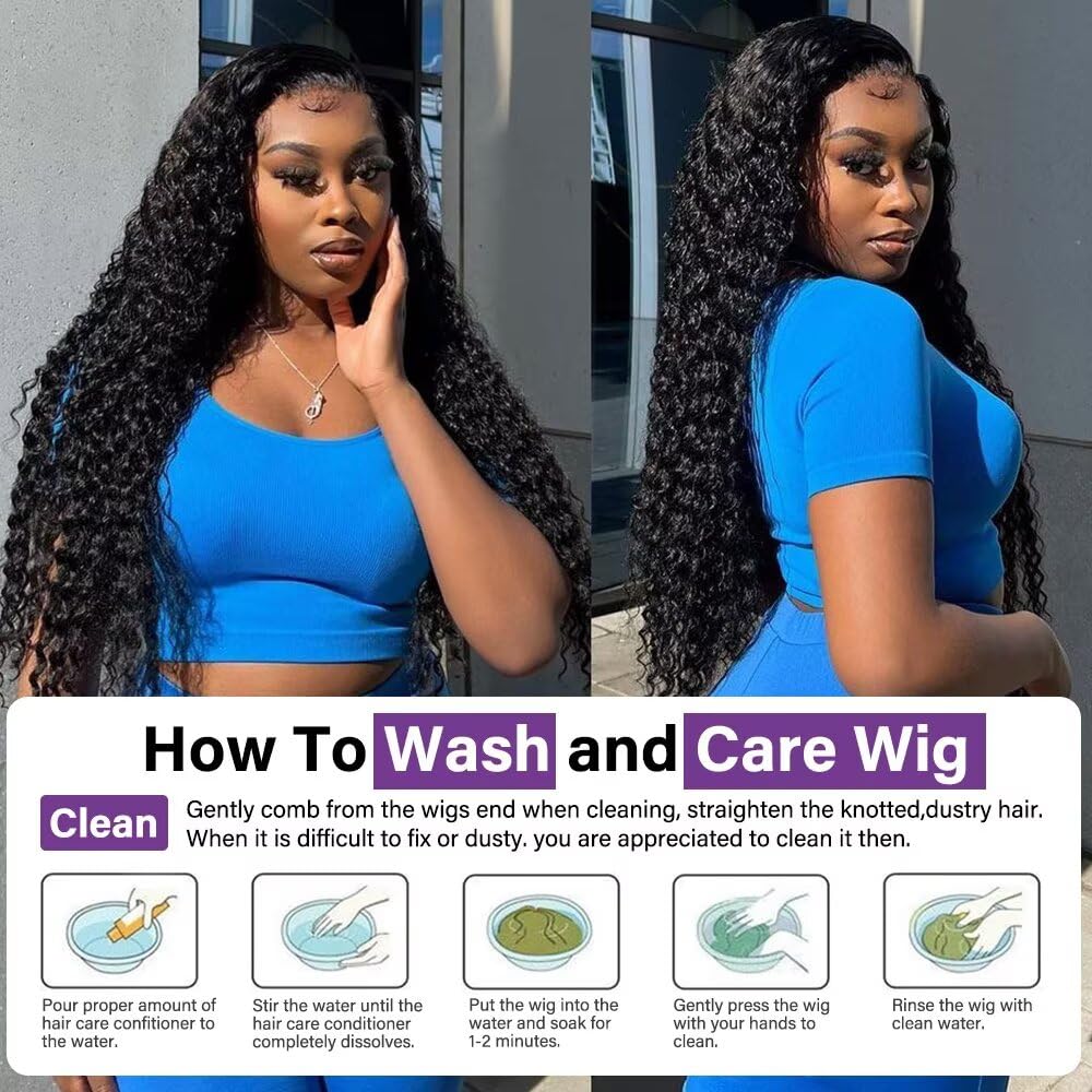 Tagota lifestyle shot of model wearing deep wave wig for polished look