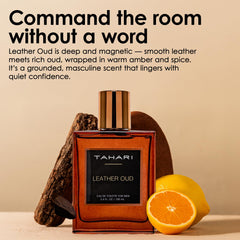 TAHARI Leather Oud close-up of cap and sprayer demonstrating build quality and control
