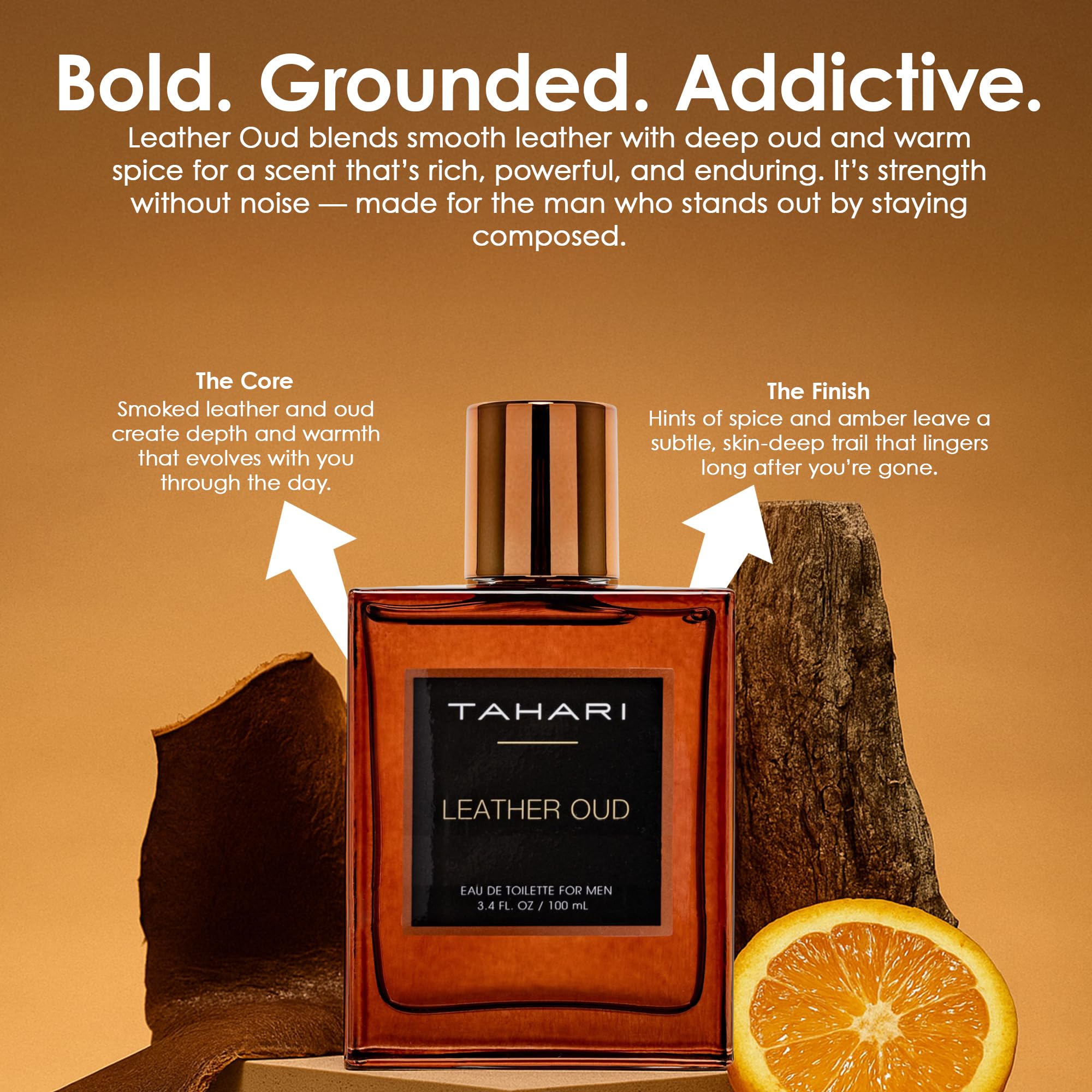 TAHARI Leather Oud in an evening outfit setting illustrating confidence and refined aroma