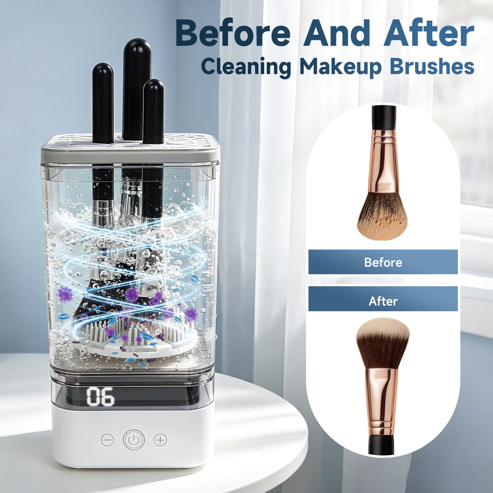 TailBliss in use spinning a foundation brush to quickly dissolve product and oils