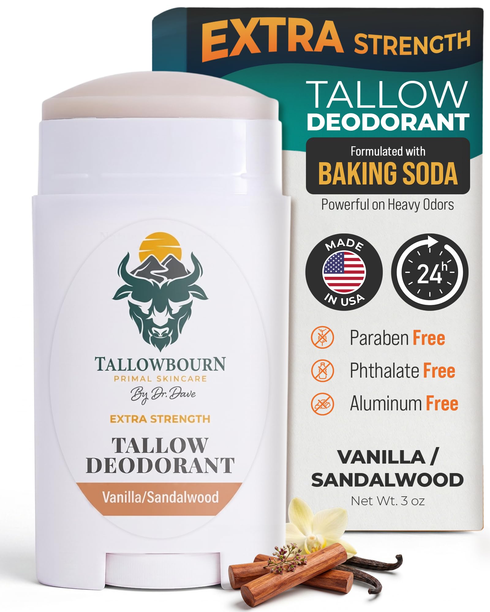 Tallowbourn front label showing vanilla and sandalwood scent benefits